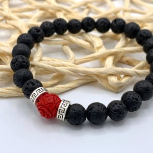 Bracelet Homme en pierre de Lave Noire et Cinabres