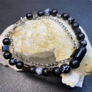 Bracelet double Obsidienne Neige, Hématite & Agate noire