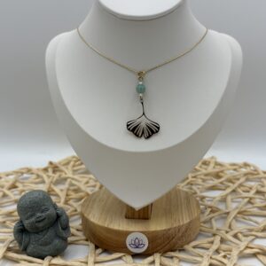 Collier Amazonite - Pendentif Ginkgo doré - acier inoxydable