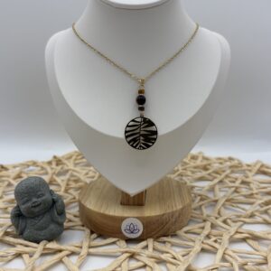 Collier pendentif feuille de palmier Oeil de tigre Doré