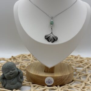 Collier Rhodié pendentif Ginkgo Amazonite