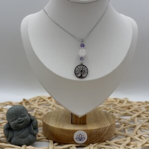Collier Améthyste & Pierre de lune - Pendentif rhodié Arbre de vie - Acier inoxydable