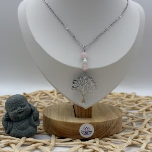 Collier Quartz Rose - Pendentif rhodié Arbre de vie - Acier inoxydable